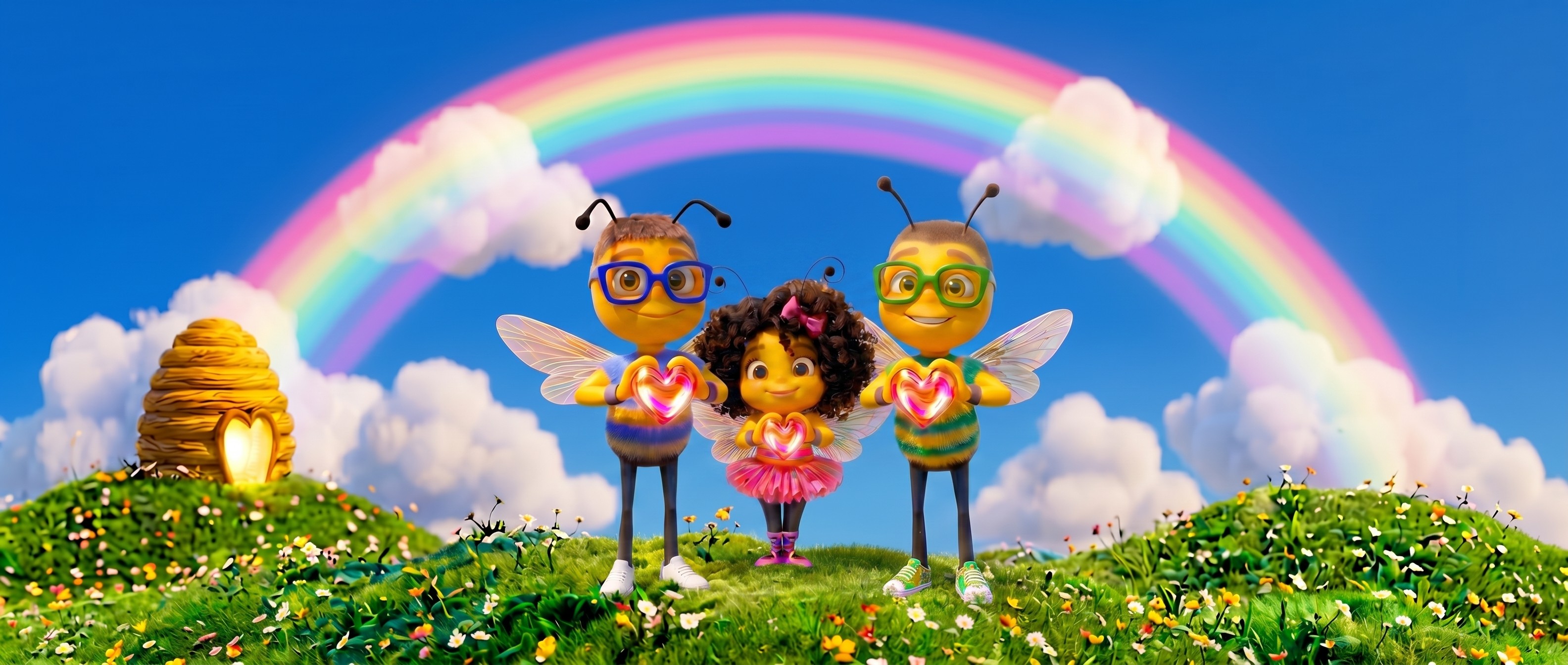 Three Busy Beez bees holding glowing hearts under a rainbow